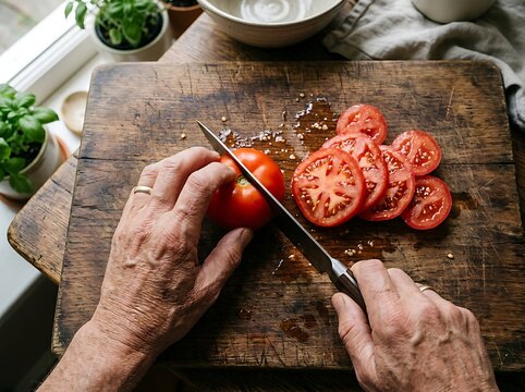 Elderly hands slicing ripe red tomato on rustic wooden board near a dish of sea salt.