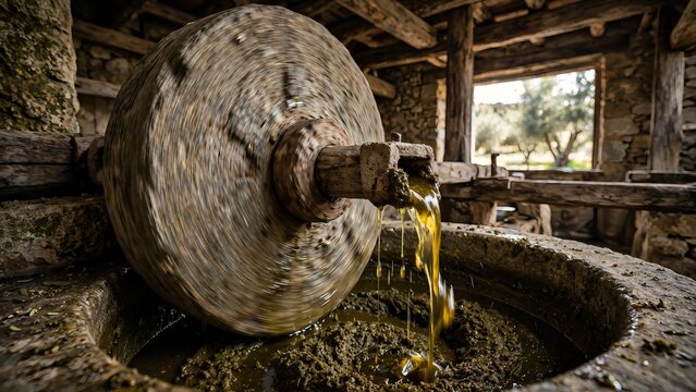Traditional stone mill crushing Olea europaea olives to extract fresh virgin olive oil in a rustic Mediterranean stone building with an orchard view