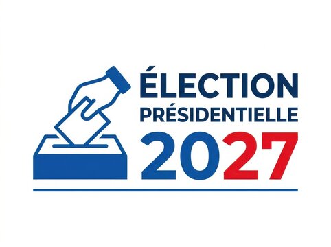 French presidential election 2027 logo with ballot box and hand casting vote, political event concept