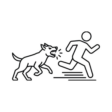 A simple black and white vector illustration depicting a person fleeing from a barking angry dog representing danger or warning signs