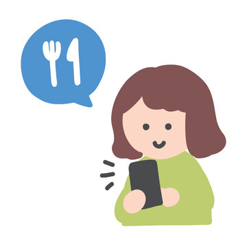 スマートフォンで食べ物の宅配を注文する女性のかわいい手書きイラスト