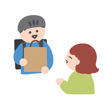 宅配・出前の商品を渡す配達員と顧客の手書きイラスト
