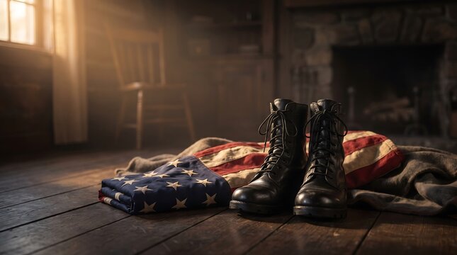 A solemn memorial day tribute featuring military boots and an american flag resting on a rustic wooden floor with warm sunlight