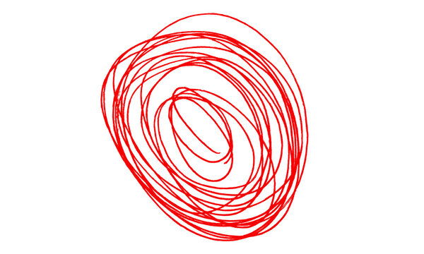 Red scribble circle isolated on a transparent background, hand drawn messy loop graphic element.