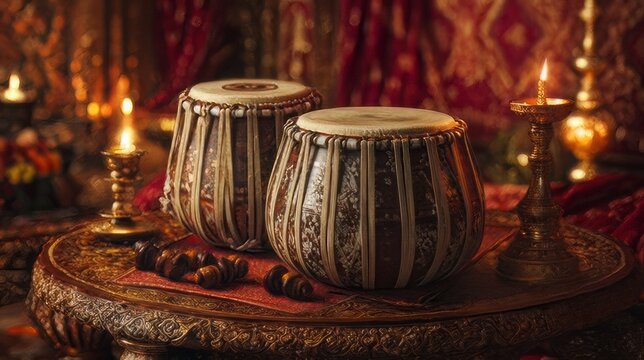 Pair of tabla drums resting on an ornate table, their polished surfaces reflecting the warm glow of nearby candles. Central percussion instrument in Hindustani classical music. 