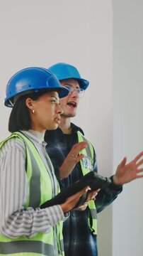 Interior design, team or site inspection with tablet for spatial plan, track millwork or vision. Renovation, people and designer with tech for building visit, staging preparation and final punch list