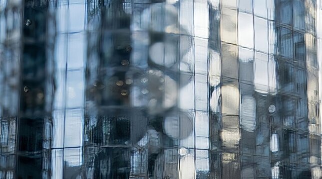 Motion blurred city skyline with glass building overlay, digital concept