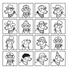 Fototapeta premium Dogs in hats and bandanas with diverse styles and expressions presented in a grid format for graphic design projects