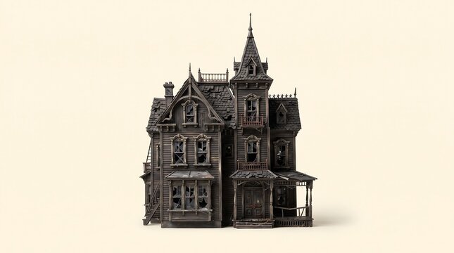 A detailed miniature model of a dark gothic victorian mansion isolated against a plain light background