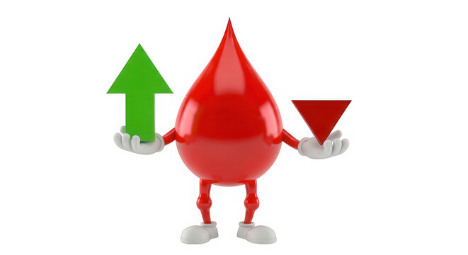 Red blood drop mascot holding up green arrow and down red arrow isolated on transparent background