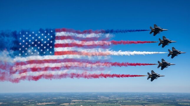 Military fighter jets performing an aerial flyover display with colorful smoke trails forming the american flag for a memorial day celebration event