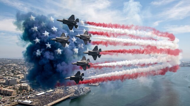 Military fighter jets performing an aerial demonstration with red white and blue smoke trails during a patriotic memorial day holiday celebration