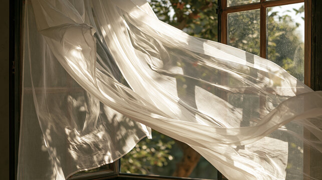 White sheer curtains blowing in the wind through an open wooden window with warm morning sunlight. Perfect background for interior design and home decor concepts.