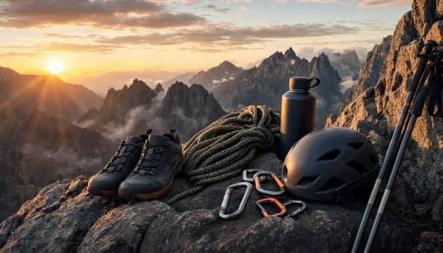 Adventure Gear: Essentials For Mountaineering At Sunset