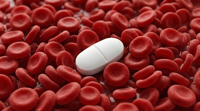 A single white pharmaceutical pill is positioned among a large dense group of red blood cells representing medical intervention and healthcare