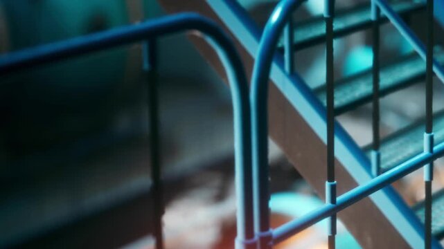 A metal fence stands in focus while industrial machinery operates in the background during daylight. The scene shows the complexity of the area and the work being done.