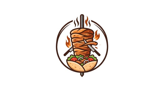 Vector illustration of a traditional doner kebab or shawarma rotating on a vertical spit with flames,