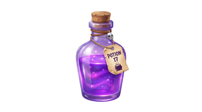 Magical glass bottle containing glowing purple liquid with a cork stopper and paper tag isolated on a clean white background