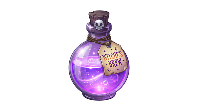 Magical purple potion bottle with a skull cork and glowing swirls inside features a rustic paper label for halloween decor