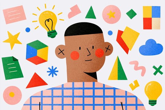 Illustration of a Person Surrounded by Colored Symbols and Icons