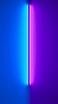 Neon fluorescent light tube in blue and pink, vertical glowing led lamp, futuristic synthwave aesthetic for gaming and nightlife