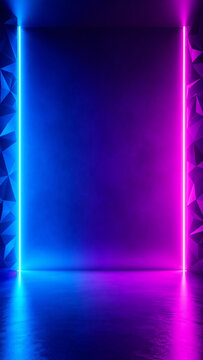 Futuristic neon frame background, glowing blue and purple vertical light lines, abstract geometric low poly wall texture