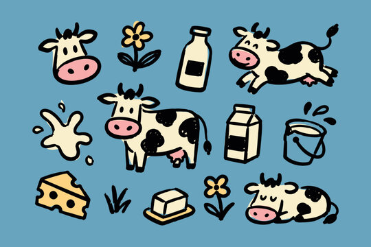 Cow and Dairy Products Hand Drawn Doodle Set