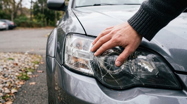 Close up of a man hand touching a broken car headlight, inspecting cracked plastic lens after a traffic accident, vehicle damage, auto repair needs, insurance claim assessment
