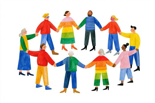 Colorful Group of People Holding Hands in a Circle, Celebrating Diversity and Unity.