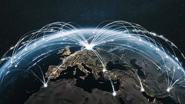 Global network connections over Earth with glowing lines.