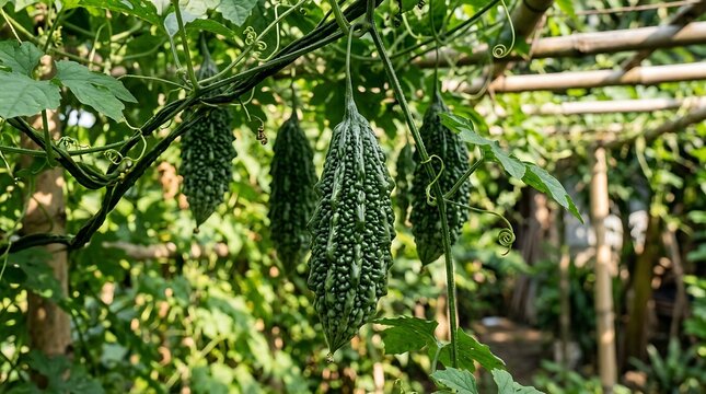 Several bumpy green bitter melons hanging from a wooden trellis in a lush vegetable garden setting