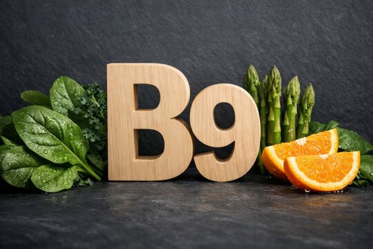Wooden folate letters b9 with fresh spinach asparagus and orange slices for nutrition background banner and healthy food design for vitamin awareness