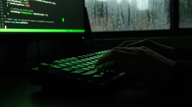 Hacker typing on illuminated keyboard while monitoring code on screen