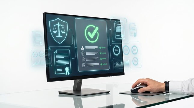 Futuristic cyber security verification interface on computer monitor, glowing green checkmark icon indicating success, digital shield symbol for protection, holographic data