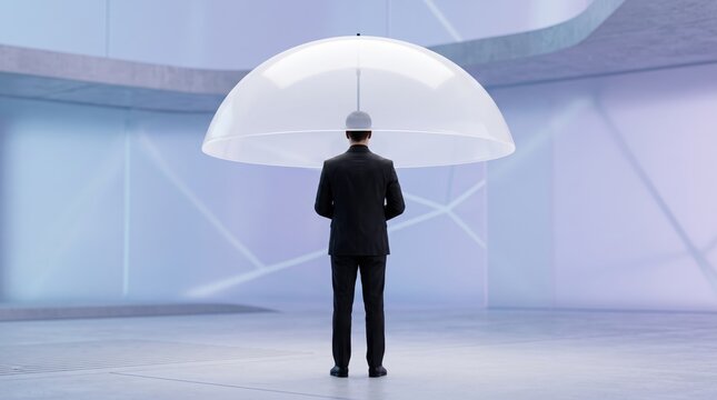 Businessman standing under large transparent dome umbrella representing protection and security, corporate insurance, safety shield metaphor, futuristic minimalist architecture