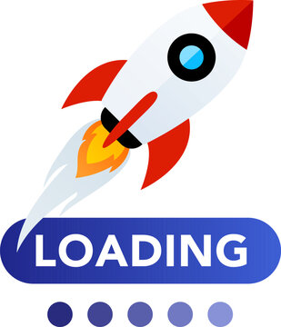 Rocket launch illustration with loading progress bar and five circular status indicators expressing digital startup momentum