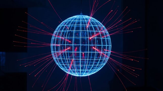 Global network sphere with data transmission lines radiating outward
