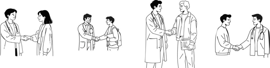 Obraz premium A black and white flat vector illustration depicts a doctor shaking hands with a recovered patient after a successful treatment, set against a clean white background