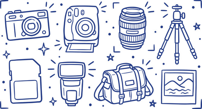 Photography and camera equipment vector doodle set with camera, lens, tripod, and accessories