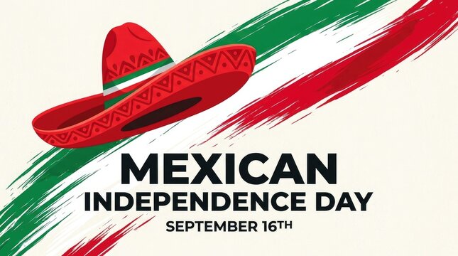 Mexican Independence Day September 16th banner with sombrero and brush stroke flag texture