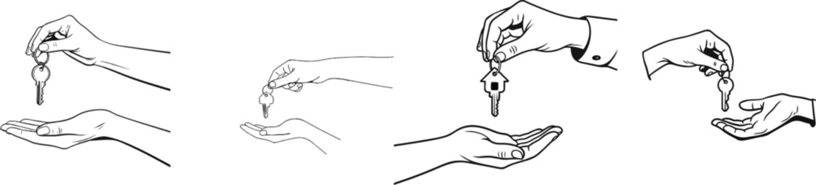 A minimalist black and white illustration depicts two hands exchanging keys, symbolizing the transfer of ownership or new beginnings in real estate transactions