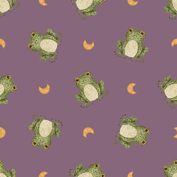 Cute watercolor frog seamless pattern with golden crescent moons on purple background