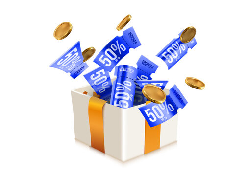 Open gift box with flying discount vouchers and golden coins.