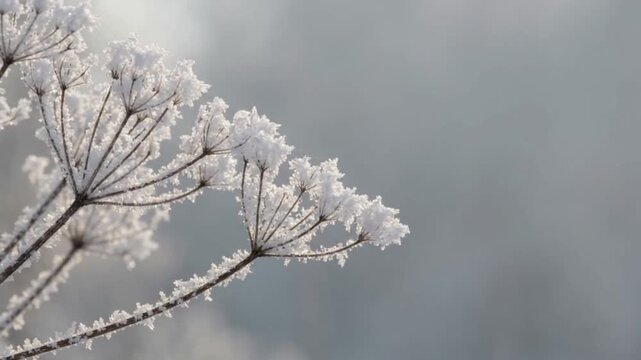 Delicate dried plants covered in sparkling hoarfrost sway gently against a blurred winter background, showcasing nature's icy beauty.