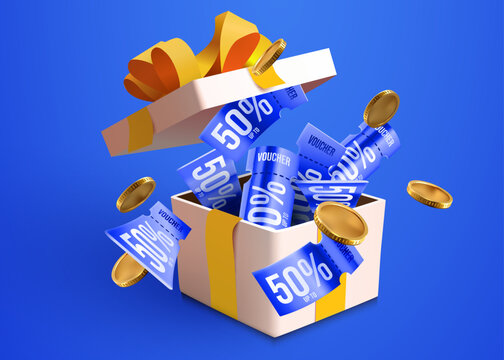 Gift box with fifty percent discount vouchers and flying gold coins.