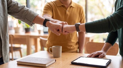 Fototapeta premium Diverse business team doing a fist bump for success in a modern office meeting room