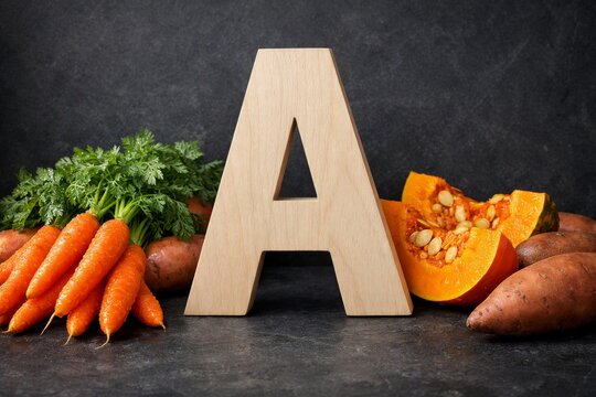 Wooden letter a with carrots pumpkin sweet potatoes and parsley for vitamin a nutrition background banner and healthy food design for seasonal cooking