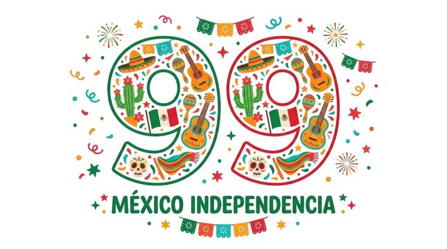 Mexico Independencia festive banner design with number emblem and Mexican food graphics