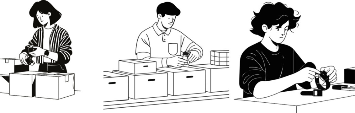 A woman examines a new smartwatch in a minimalist black-and-white illustration of an electronics service center