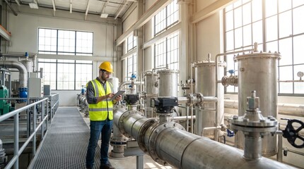 Naklejka premium Engineer inspects water treatment equipment